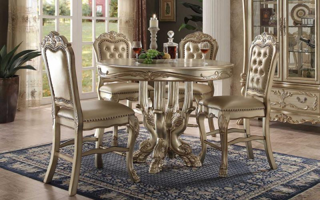 Klassieke gouden ronde eettafel tafel eetkamer Chesterfield x4 stoelen 5-delige set.