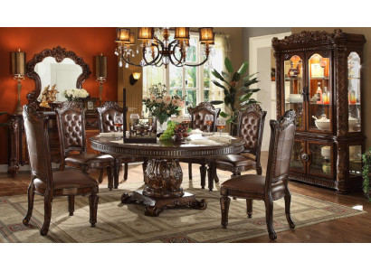 Complete eetkamerset Klassieke ronde houten eettafel 8x Chesterfield leren stoelen