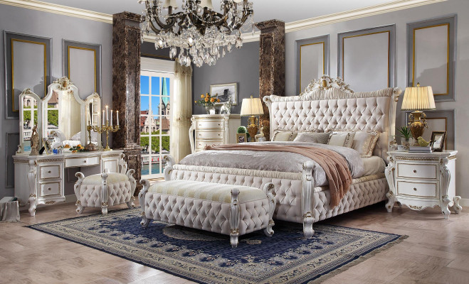 Slaapkamer set Bed Nachtkastje Kaptafel Spiegel Kruk Chesterfield