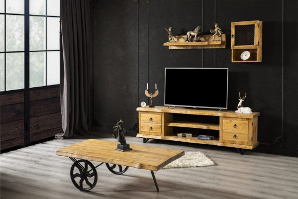 Echt houten woonwand luxe in bruin met salontafel op wielen rustiek kast