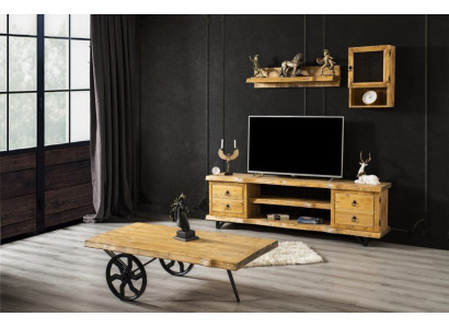 Echt houten woonwand luxe in bruin met salontafel op wielen rustiek kast