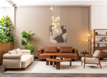 Complete bankstel driezits fauteuil stof bruin salontafels 5-delig