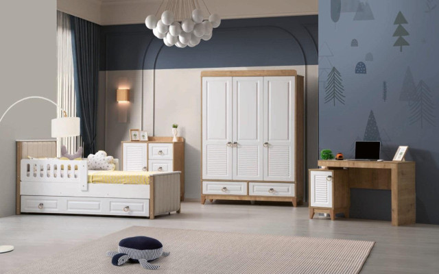 Modern kinderkamer set bed kledingkast commode bureau licht