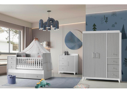 Compleet set voor de kinderkamer: commode, kledingkast, kinderbed in grijze kleur.