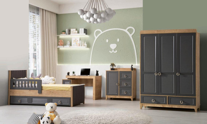 Compleet kindermeubilair kinderbed houten meubelset 4-delig kinderkamer grijs