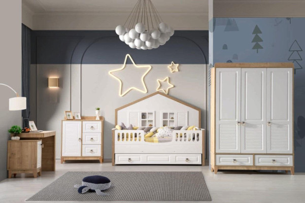 Modern kinderkamer set Bed Kledingkast Bureau Helder 4-delig Nieuw