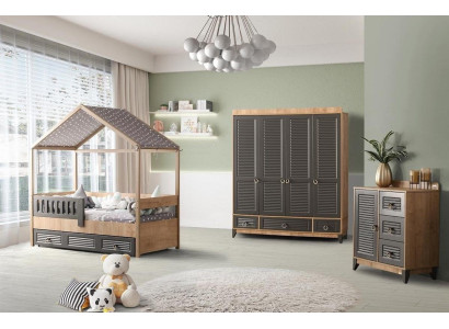 Grijze tienerkamerset kinderkamer commode kast en bed 3-delig.