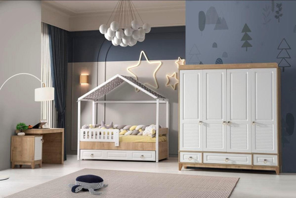 Modern kinderkamer set bed kledingkast bureau licht 3-delig nieuw