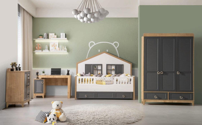 luxe Compleet kindermeubilair bed hout set 4-delig kinderkamer grijs