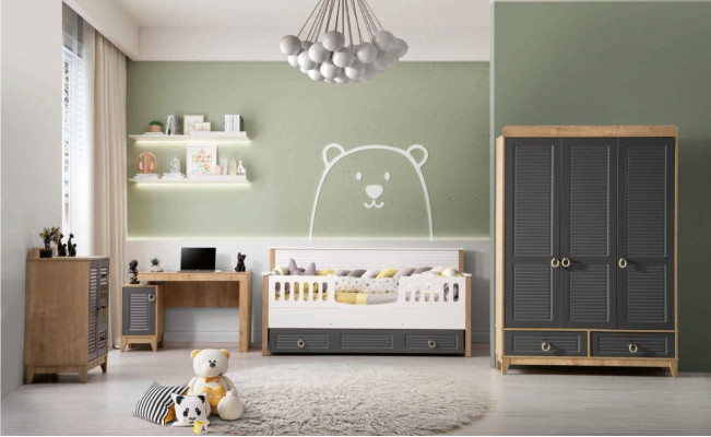 Luxe kindermeubelset kinderkamer kinderbed grijs hout set 4-delig