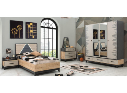 Garnituur kinderkamer bed kast bruin hout set jeugdbed 5-delig meubilair