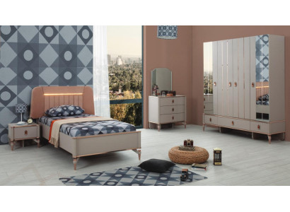 Compleet kinderbed kindermeubilair beige hout set 5-delig modern.