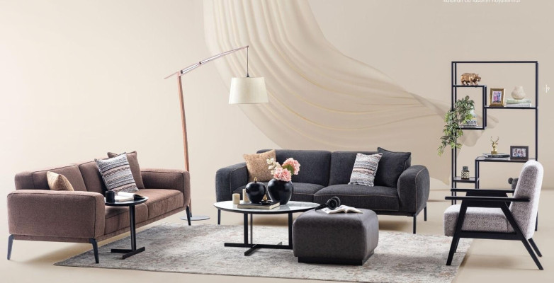 Bankstel met driezitter, fauteuil, bankstel van stof, 4-delig, stoffen bankstel in meerkleurig 3+3+1+1.