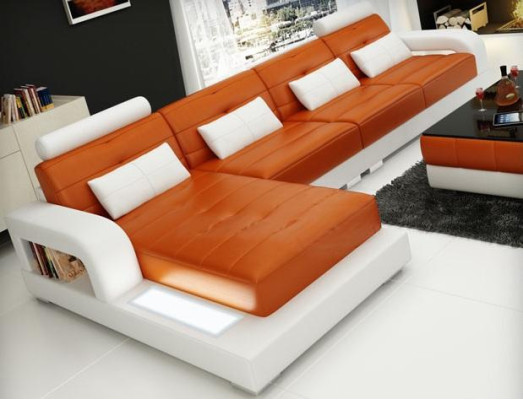 Hoekbank van leer + salontafel Hoekbank Bank Stoffering Woonlandschap Hoek