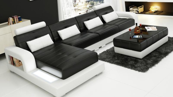 Hoekbank van leer + salontafel Hoekbank Bank Stoffering Woonlandschap Hoek