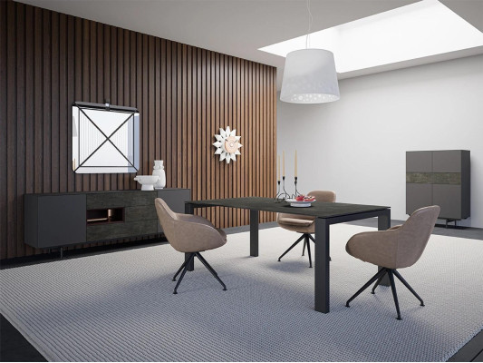Ontwerper Eetkamer Eettafel Set Stoelen Metaal Textil Eethoek Kast
