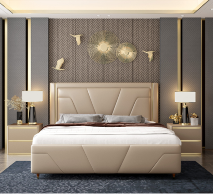 Slaapkamer bed gestoffeerd design meubels luxe tweepersoons beige bedden modern