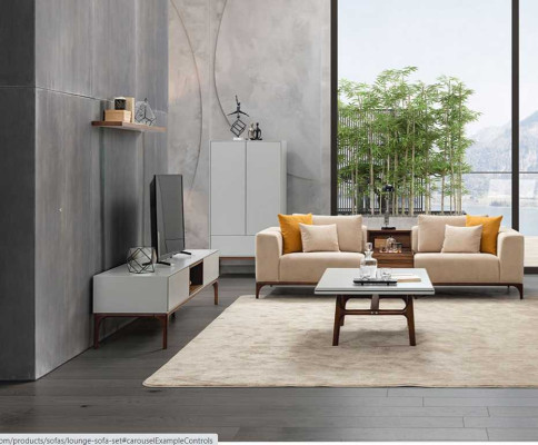 Luxe woonkamerbank in modern design met hout en textiel, tweezits.