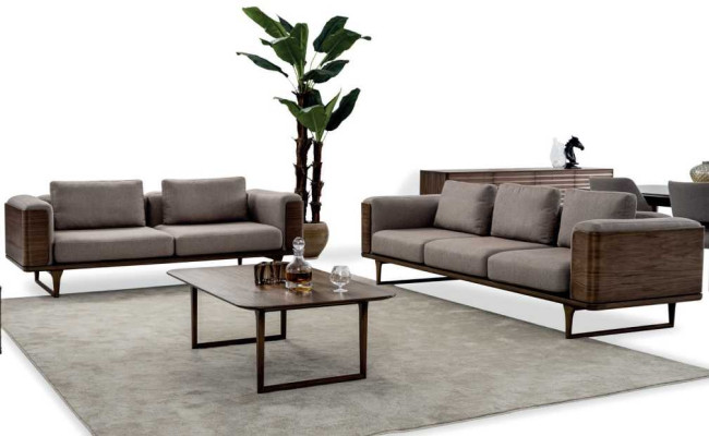 Ontwerp woonkamerset 2x banken met salontafel luxe hout met textiel.