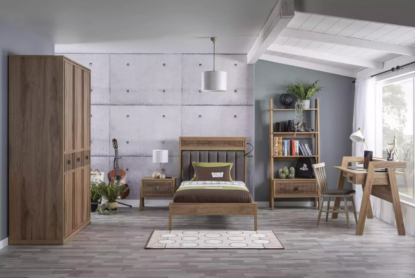 Jongerenbed Slaapkamermeubilair Houten bed Compleet bed Bruin Set 5-delig