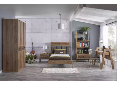 Jongerenbed Slaapkamermeubilair Houten bed Compleet bed Bruin Set 5-delig