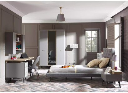 Jongerenbed Slaapkamermeubels Houten bed Compleet Bed Grijs Set 5-delig
