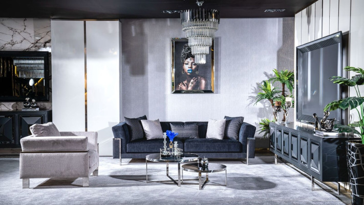 Zet TV-standaard, fauteuil, salontafel, bijzettafel, woonkamer 5-delig grijs nieuw.