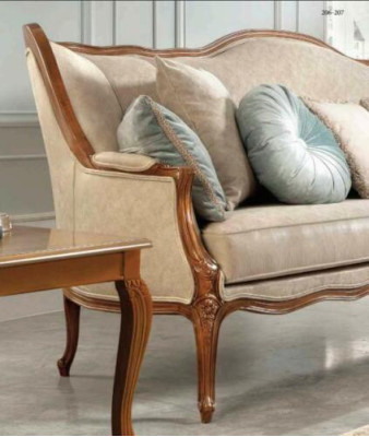 Sofaset 6-delig. Klassiek meubel, bank, fauteuil, bijzettafel, salontafel, hout.