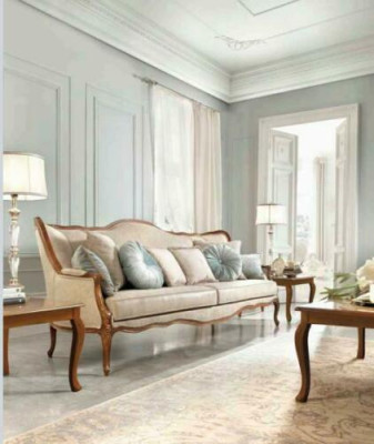 Sofaset 6-delig. Klassiek meubel, bank, fauteuil, bijzettafel, salontafel, hout.