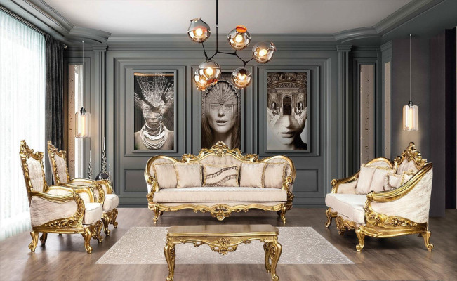 Gouden bankstel bankstel 5-delig met salontafel Chesterfield barok.