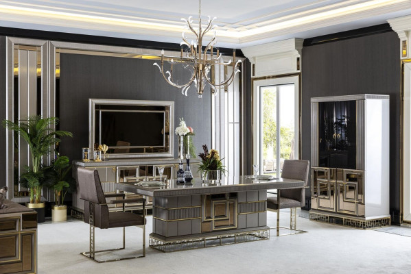 Elegant eetkamer set grijs eettafel 4 stoelen dressoir spiegel 8-delig.