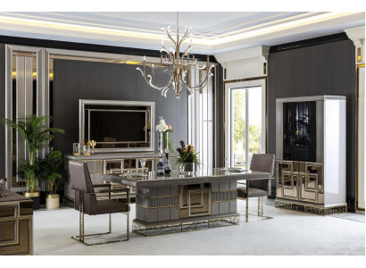 Elegant eetkamer set grijs eettafel 4 stoelen dressoir spiegel 8-delig.