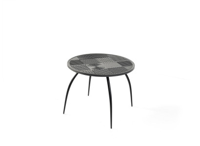 Originele zwarte ronde salontafel met een gesneden tafelblad.