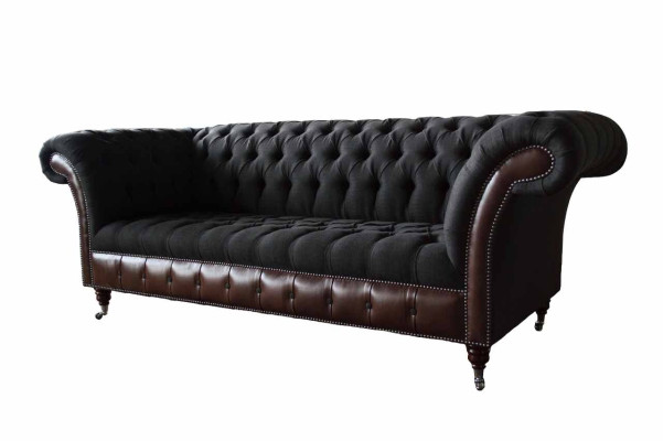 Chesterfield 3-zits bank bank leer bekleding zit stof zwart Nieuw