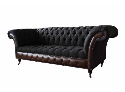 Chesterfield 3-zits bank bank leer bekleding zit stof zwart Nieuw