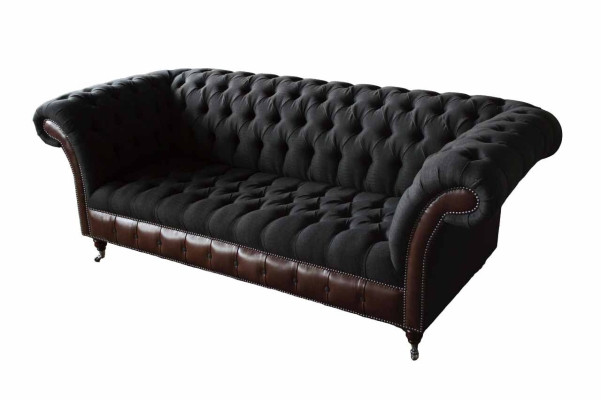 Chesterfield 3-zits bank bank leer bekleding zit stof zwart Nieuw