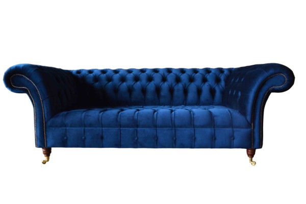 Blauwe Chesterfield driezits bank 3-zits banken Luxe textiel bankstellen.
