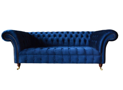 Blauwe Chesterfield driezits bank 3-zits banken Luxe textiel bankstellen.