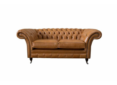 Chesterfield tweezitsbank 2-zitsbanken Gestoffeerde zitbank van bruin leer  Chesterfield twee zits bank 2-zitsbanken Gestoffeerde bank van bruin leer