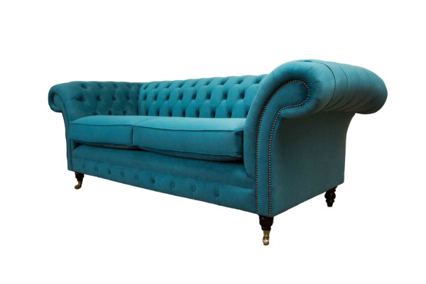 Chesterfield driepersoons blauw stoffen woonkamer design bankstel