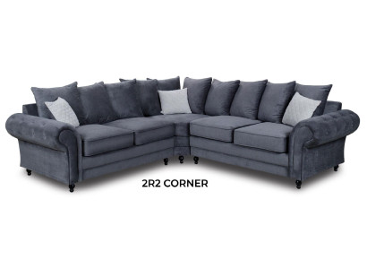 Moderne hoekbank in grijze stof, in L-vorm.