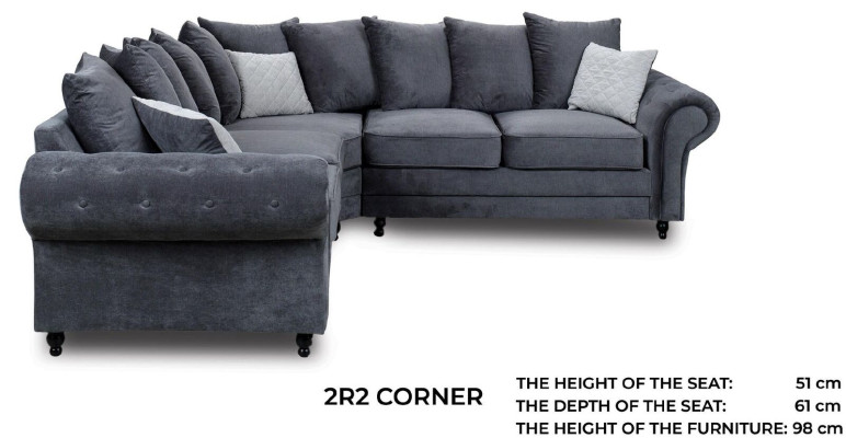 Moderne hoekbank in grijze stof, in L-vorm.