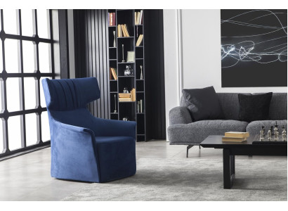 Zetel in Blauw, eenzitter, moderne stijl, middelzacht, luxueus, gestoffeerd meubel.