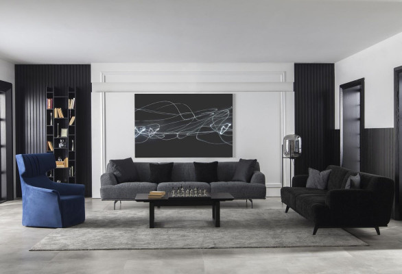 Zetel in Blauw, eenzitter, moderne stijl, middelzacht, luxueus, gestoffeerd meubel.