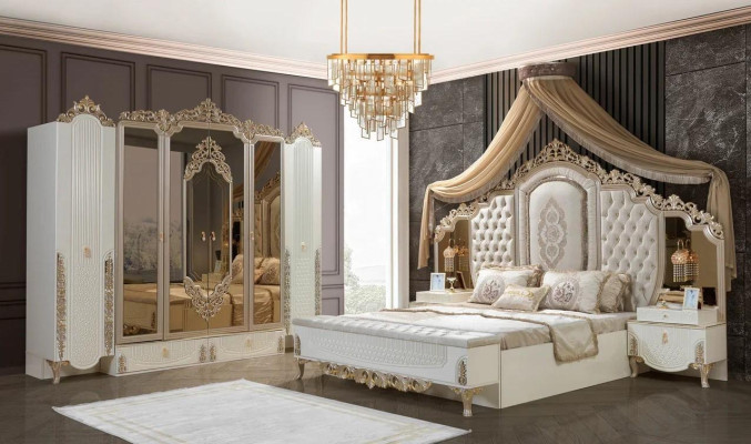 Slaapkamerset Bed 2x nachtkastjes Kruk Luxe nieuw 5-delig Ontwerp Hout
