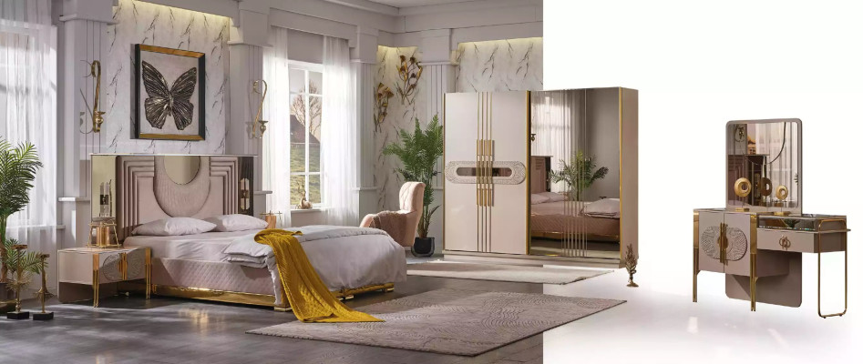 Beige slaapkamerset Bed 2x nachtkastjes Kledingkast Kaptafel