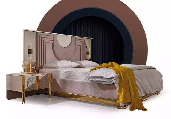 Beige slaapkamerset Bed 2x nachtkastjes Kledingkast Kaptafel