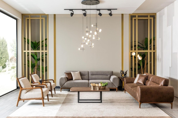 Bankstel Driepersoons Fauteuil Bruin Gestoffeerd Bank Grijs Bankstellen Banken