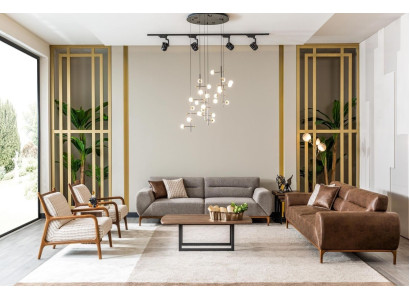 Bankstel Driepersoons Fauteuil Bruin Gestoffeerd Bank Grijs Bankstellen Banken