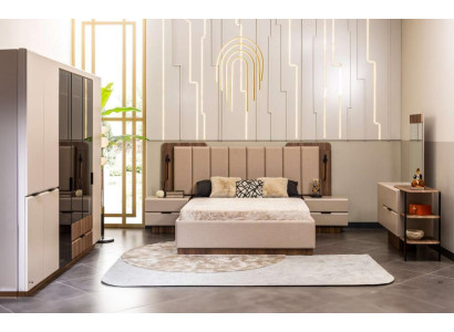 Tweepersoonsbedset Nachtkastjes Beige Stof 5-delig Kaptafel Kast Bed